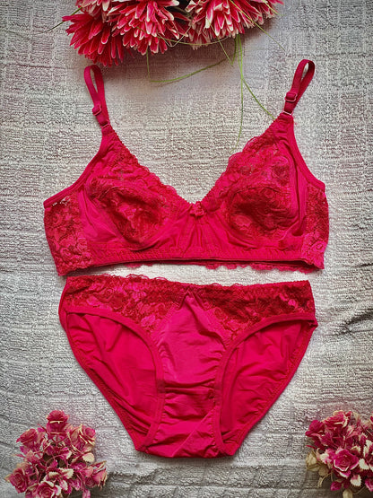 Elezyo Comfort lace Bra & Panty Set (Red, Beige & Rani Pink)