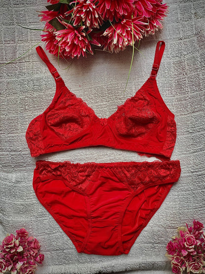 Elezyo Comfort lace Bra & Panty Set (Red, Beige & Rani Pink)