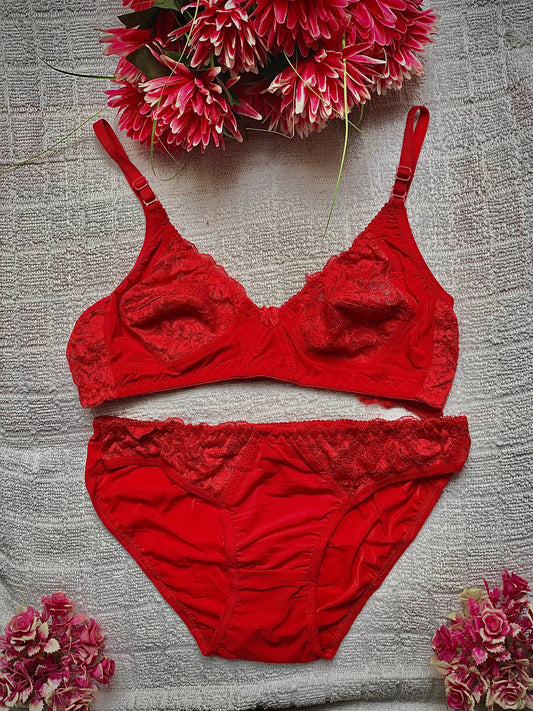 Elezyo Comfort lace Bra & Panty Set (Red, Beige & Rani Pink)