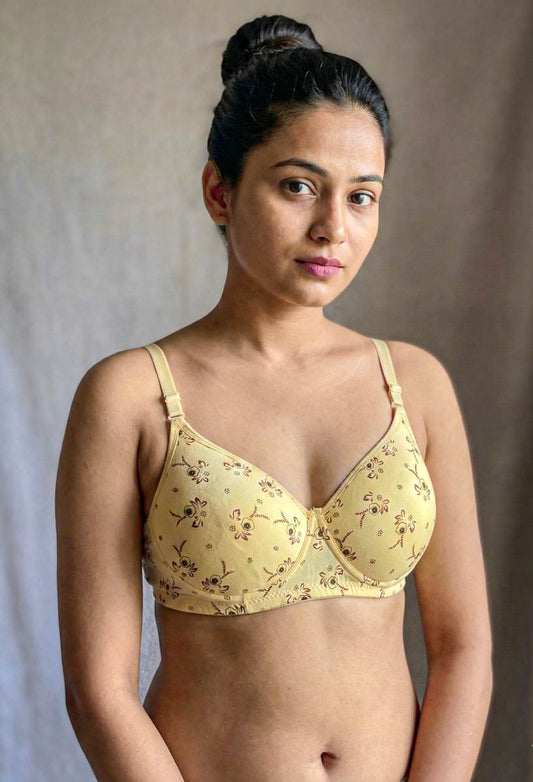 Elezyo Hosiery Cotton Printed Padded Bra (Pack of 3) | Soft Pink, White & Light Yellow