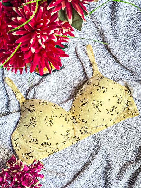 Elezyo Hosiery Cotton Printed Padded Bra (Pack of 3) | Soft Pink, White & Light Yellow